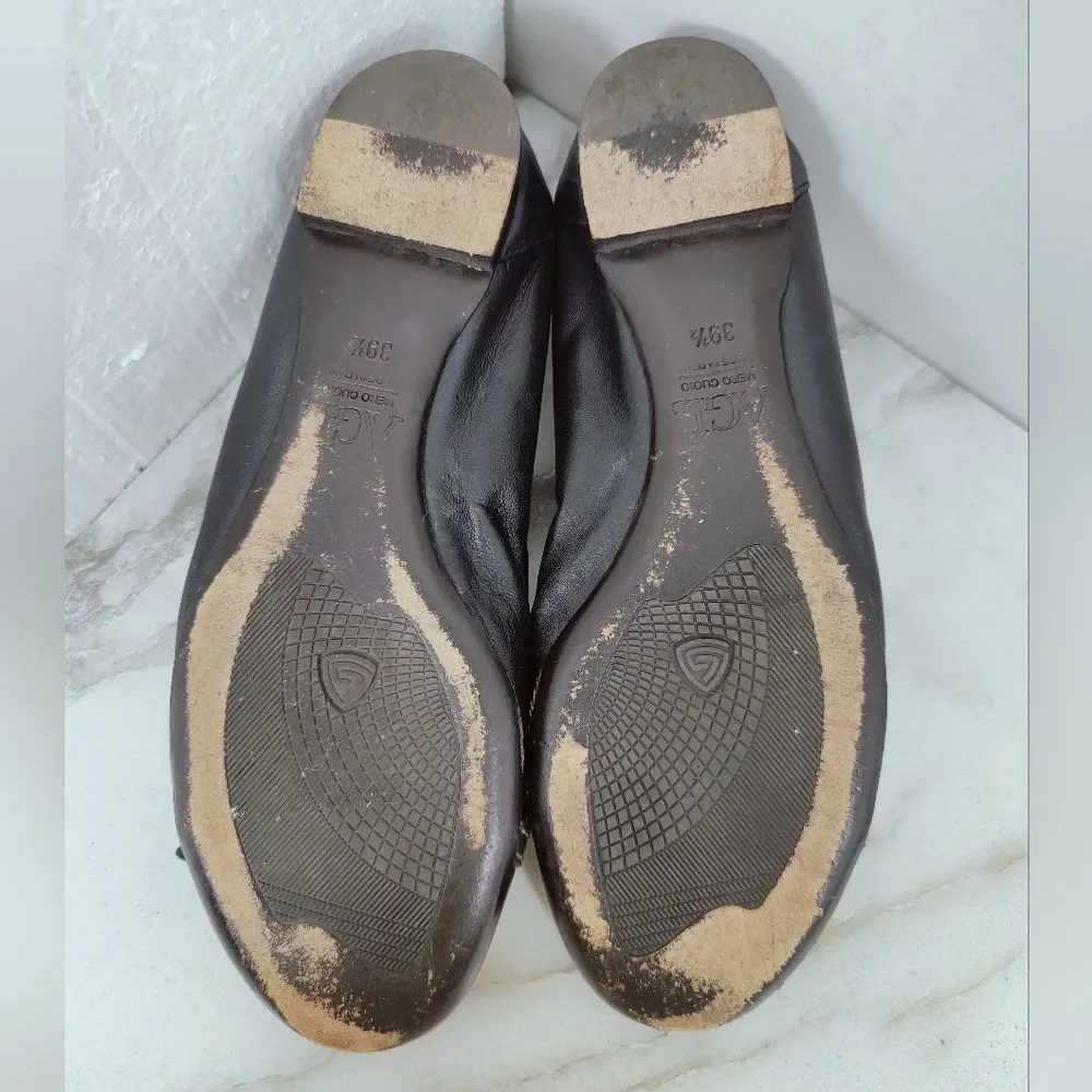 AGL Attilio Giusti Leombruni Black Patent Leather Cap Toe Ballet Flats, 9.5